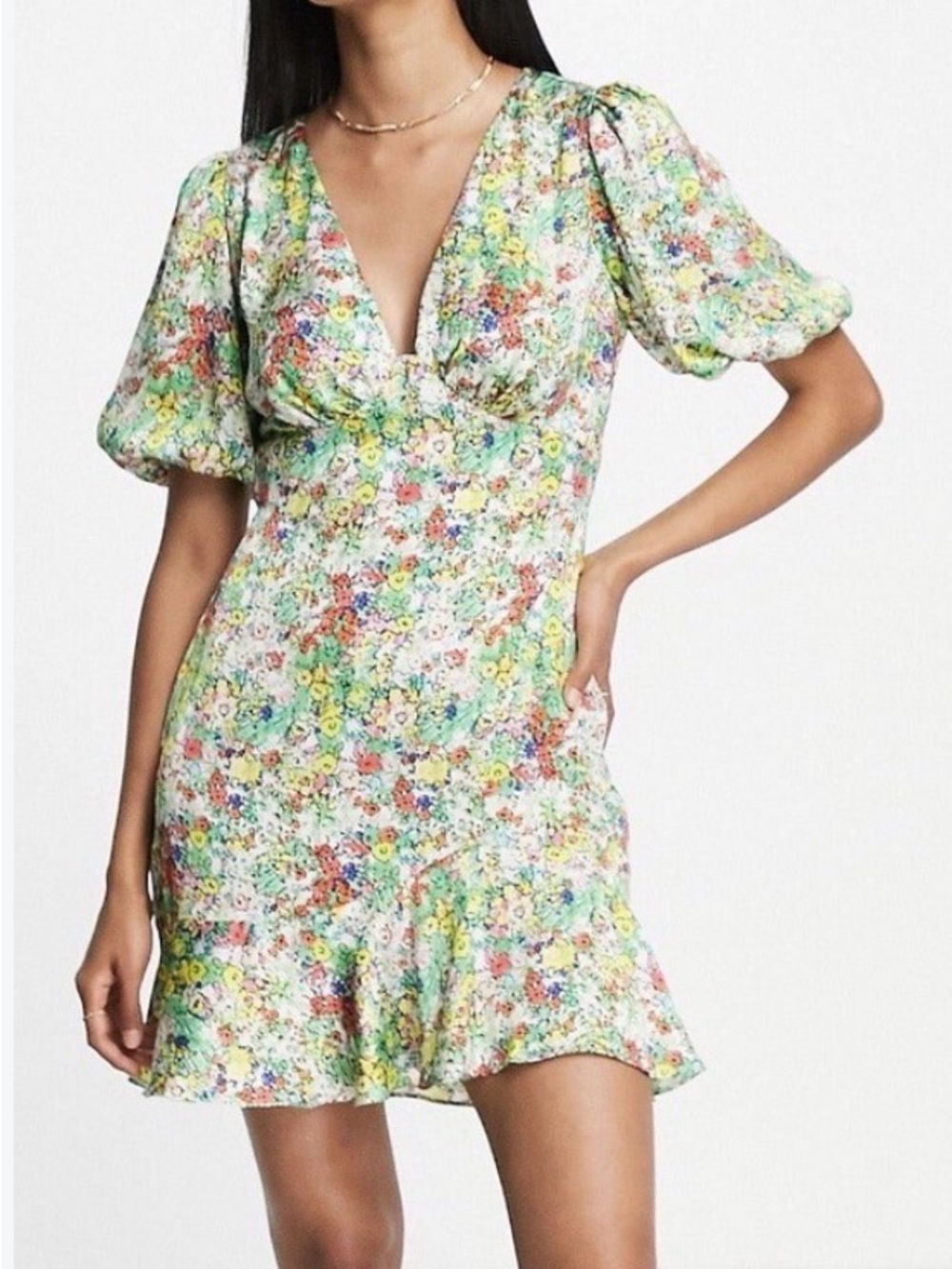 Topshop Floral V-Neck Puff Sleeve Mini Dress in Multi